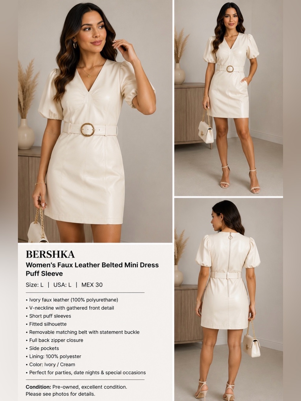 Bershka Women’s Ivory Faux Leather Belted Mini Dress Puff Sleeve Size L